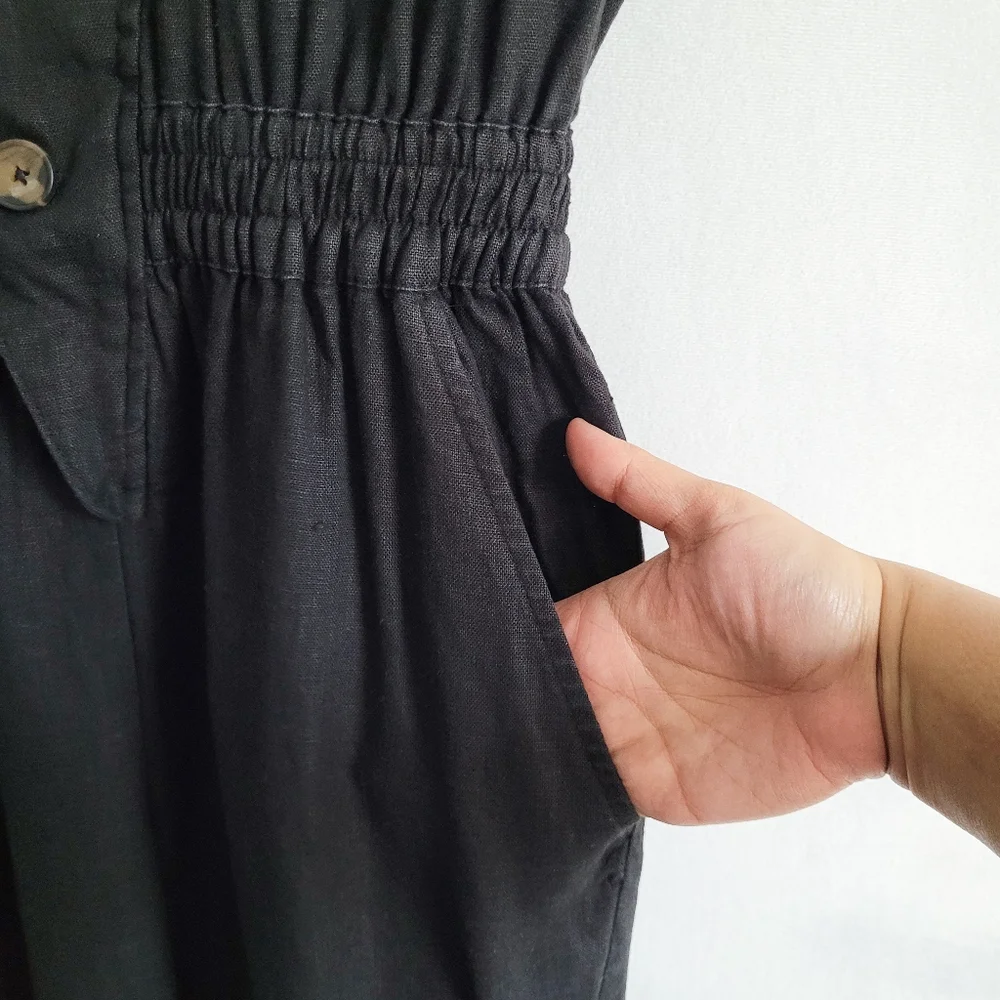 Zara Linen Utility Cargo Black Collared Military Jumpsuit Size Small - Picture 6 of 7
